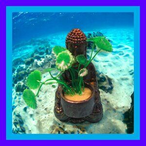 Aquarium Decoration - Green and Gold  Buddha with Artificial Plant